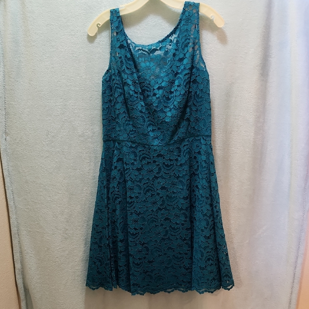 David's Bridal Teal Lace Mini Dress